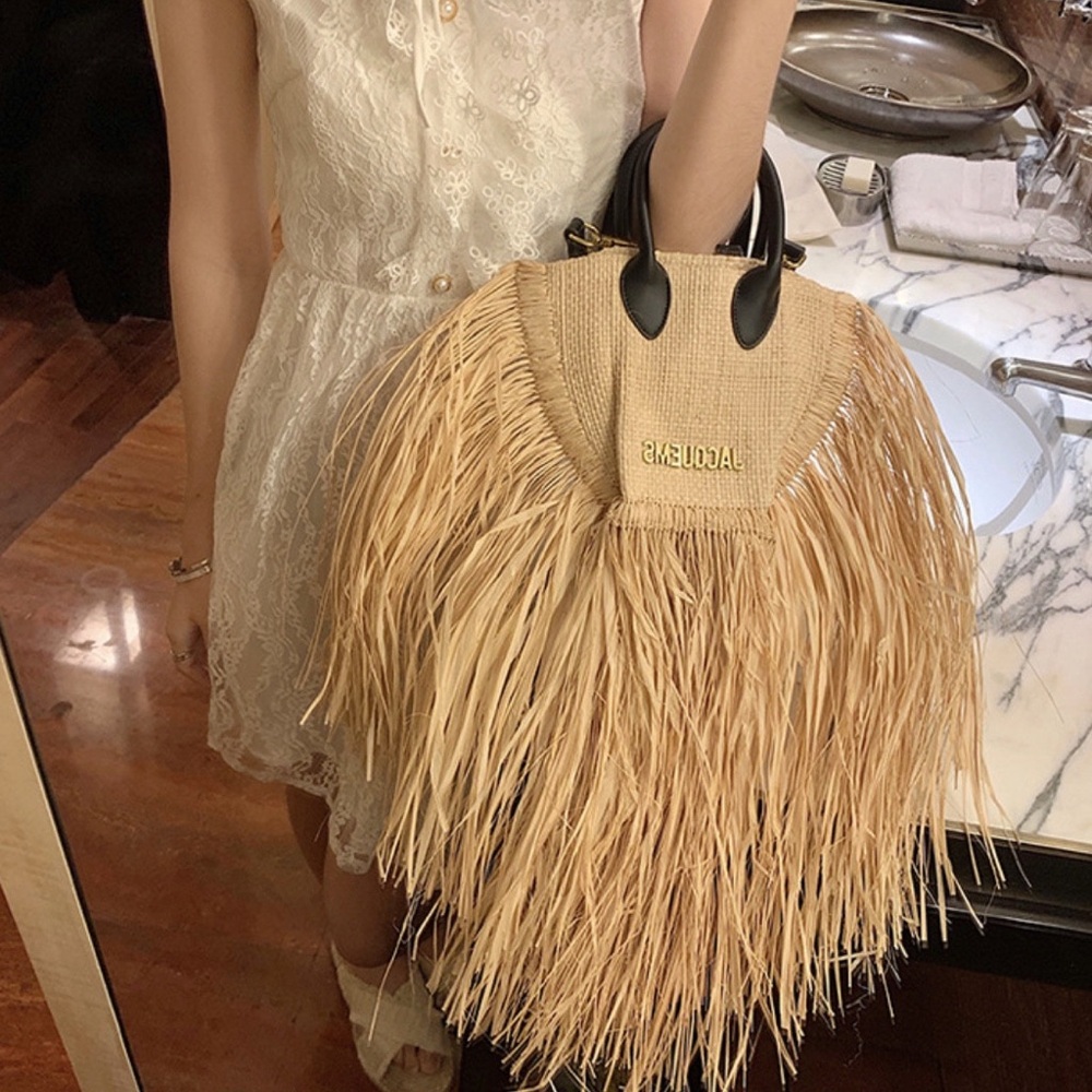 Jacquemus Beige Fringe Tote with Black Handles